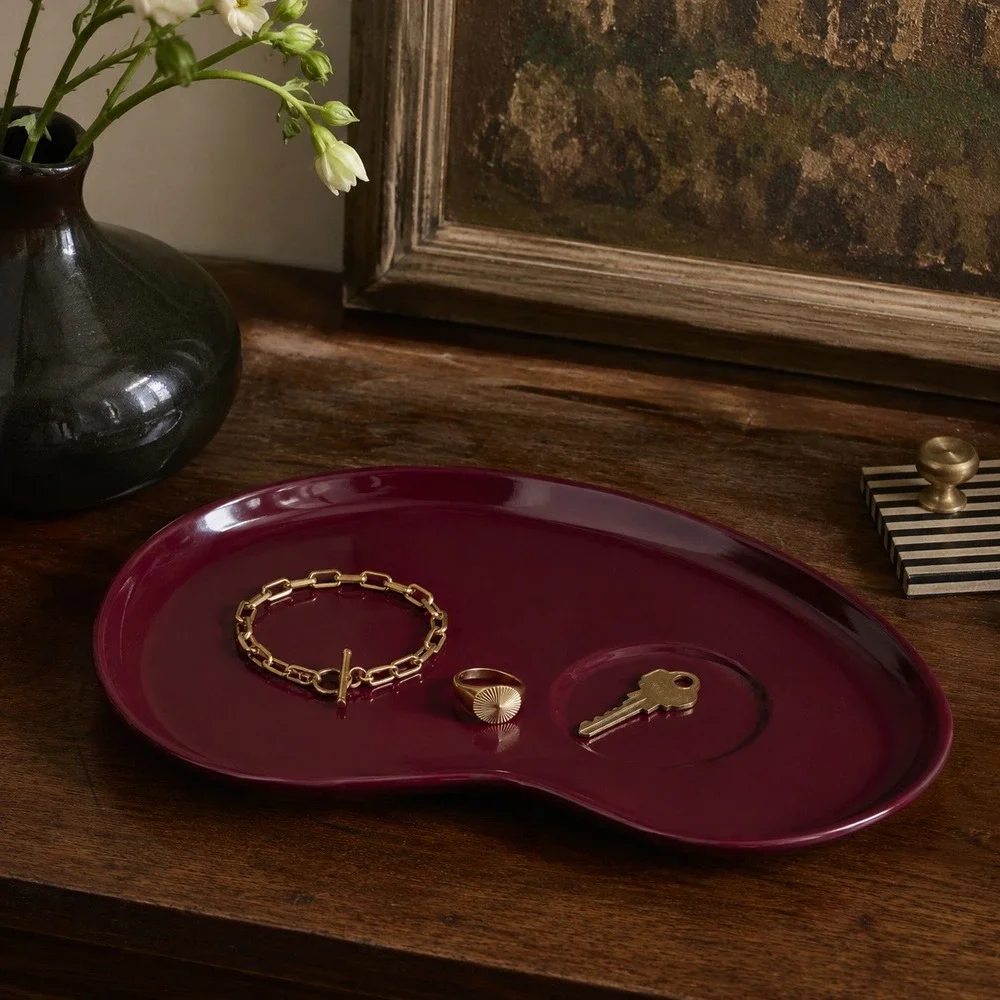 Burgundy Kidney Shaped Ceramic Snack Plate Tray Glossy Red Brown Catchall